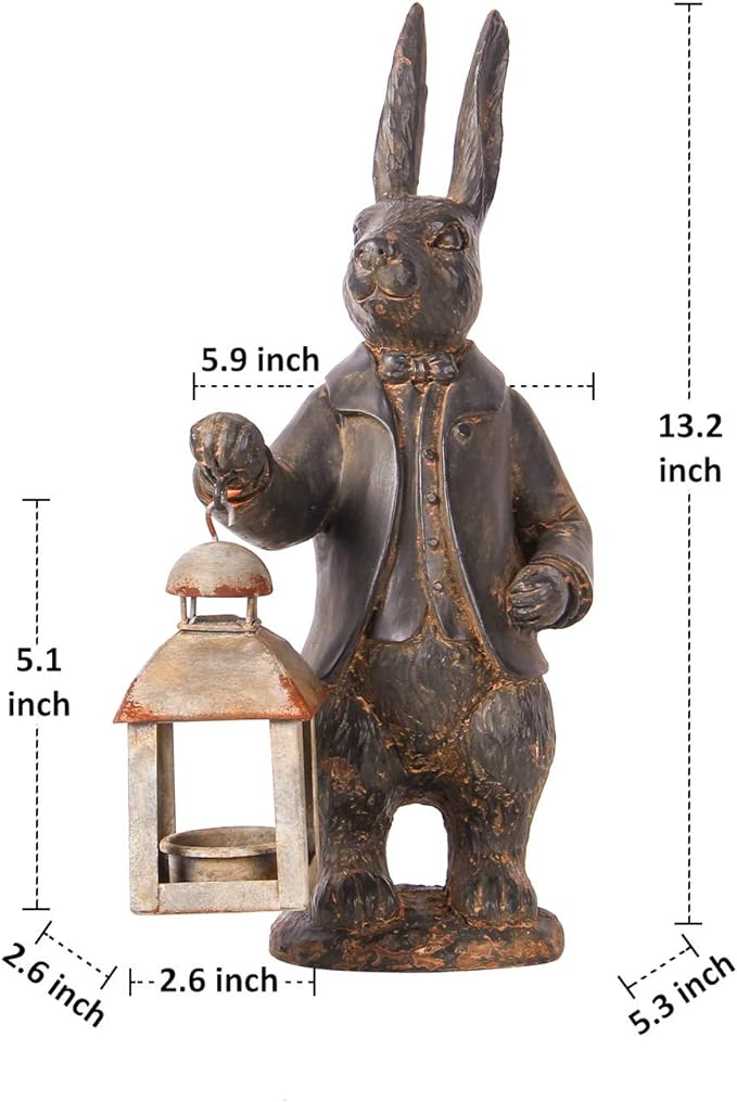 Easter Bunny Decorations - Vintage Metal Tealight Candle Lantern Holder Rabbit Resin Sculpture Bunny Figurine