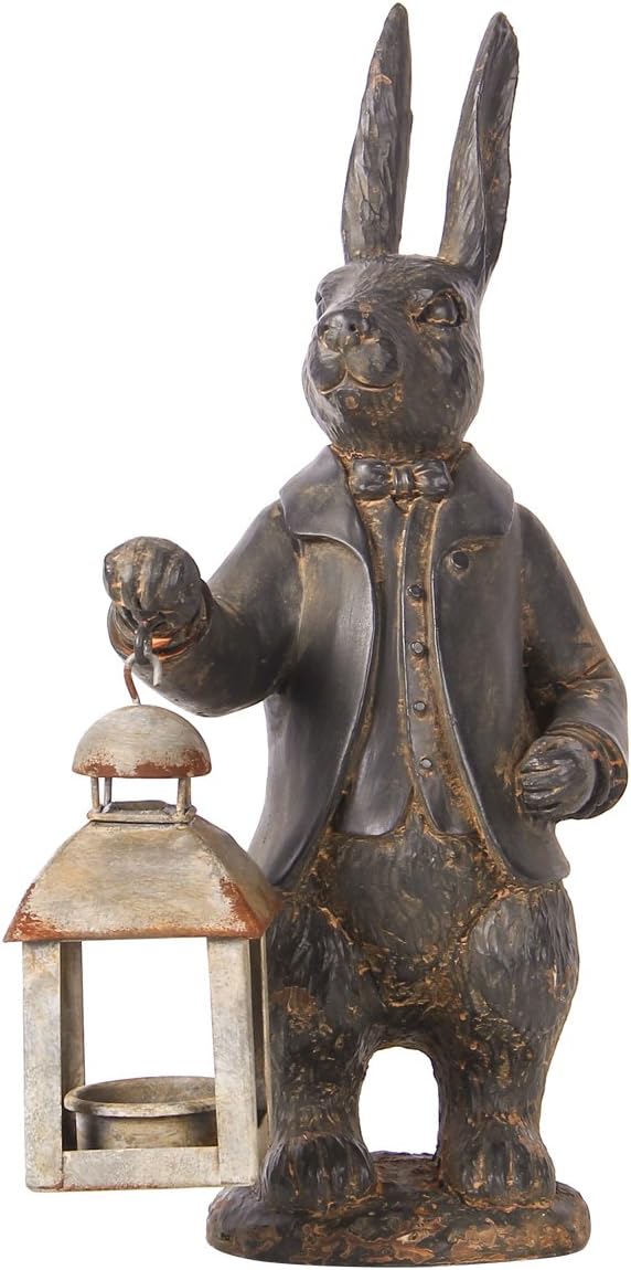 Easter Bunny Decorations - Vintage Metal Tealight Candle Lantern Holder Rabbit Resin Sculpture Bunny Figurine