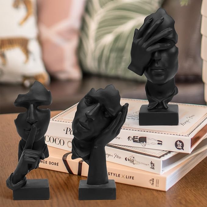 3 Pcs Thinker Statue No Hear No See No Speak Modern Home Resin Sculptures Decorative Objects Decor for Home Office Bookshelf Desktop(Black)