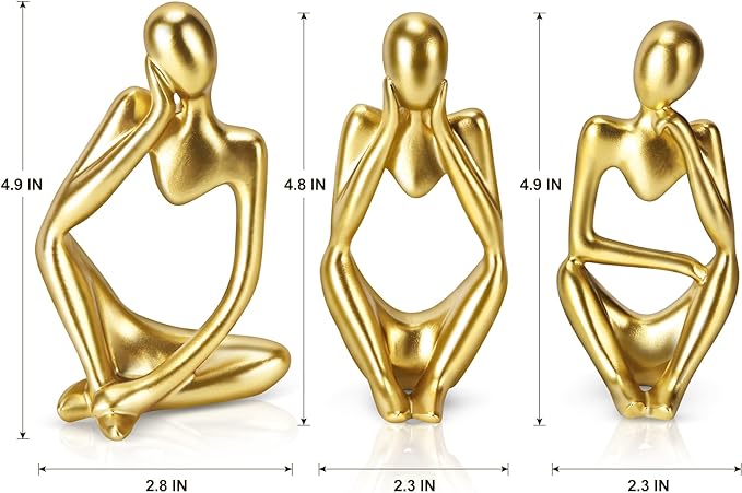 Set of 3 Thinker Statues and Sculptures, Gold Decor Thinker Statue Ornaments, Abstract Style Accents for Desktop, Tabletop, Shelf, Bookshelf and Home Office Decor