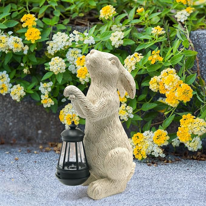 Garden Statues Rabbit with Solar Lights-Easter Decorations Outdoor Rabbit Decor for Lawn