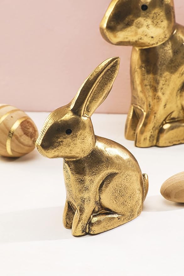 Wooden Golden Easter Bunny Figurines, Small Decorative Easter Bunny Statue Set of 2, Vintage Easter Rabbit Table Home Decoration, Gift