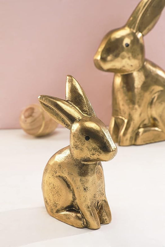 Wooden Golden Easter Bunny Figurines, Small Decorative Easter Bunny Statue Set of 2, Vintage Easter Rabbit Table Home Decoration, Gift