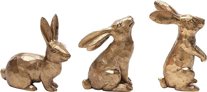 Golden Polyresin Bunny Decor Rabbit Figurines, Easter Bunny Statue Set of 3 for Spring Tabletop Decor